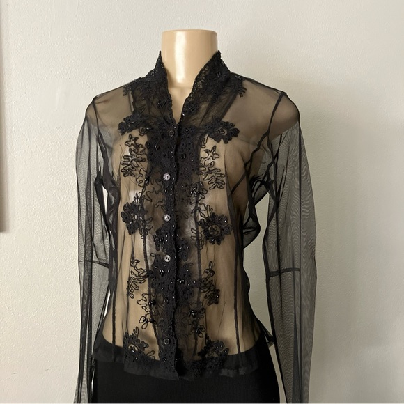 Embroidered Tulle Black Blouse By Cami Long Sleeve Buttons Front Fitted See thru - Picture 3 of 7